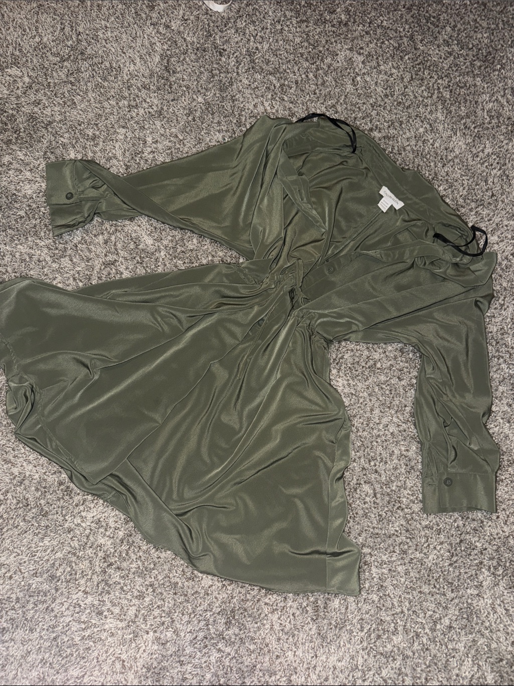 Calvin Klein Olive Wrap Midi Dress With Long Sleeves